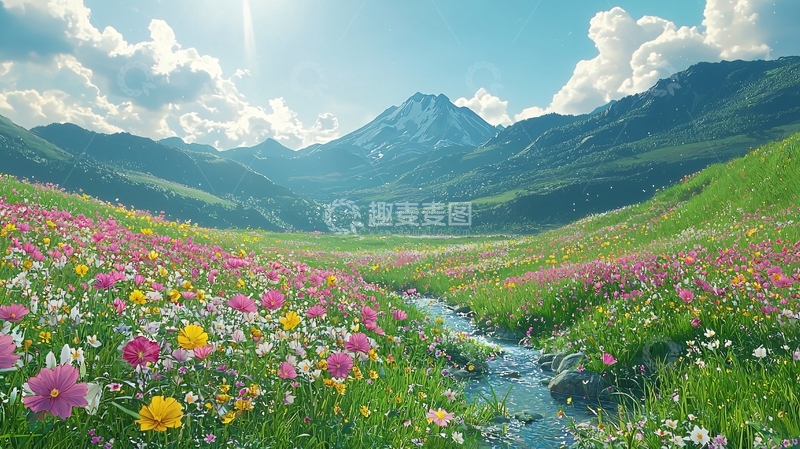 高清大图下载【趣麦麦图】阳光明媚山间花海