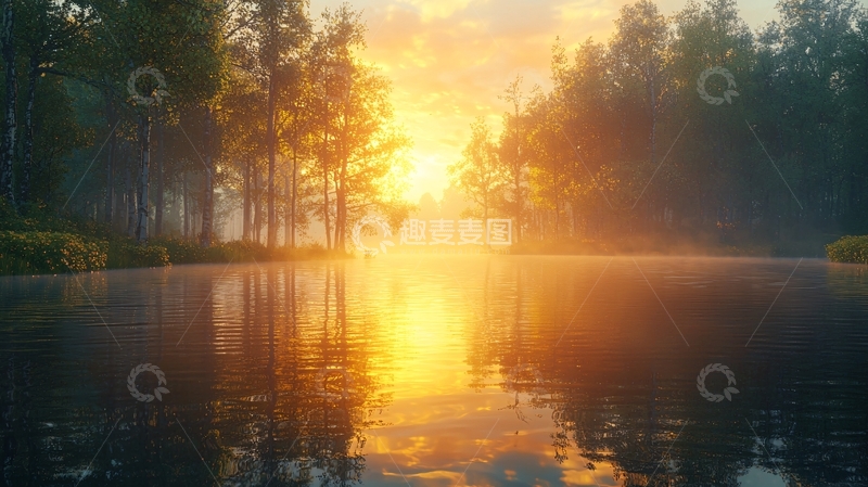 高清大图下载【趣麦麦图】清晨雾气森林河流日出