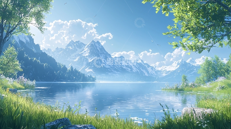 高清大图下载【趣麦麦图】阳光明媚的湖边雪山风景