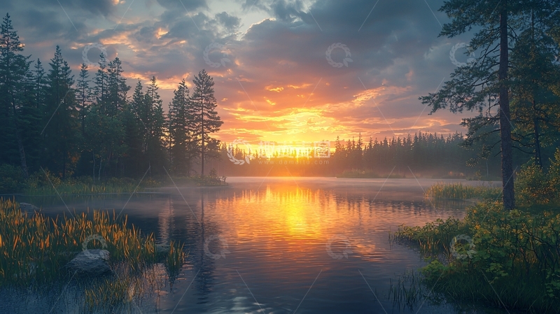 高清大图下载【趣麦麦图】森林日落湖泊