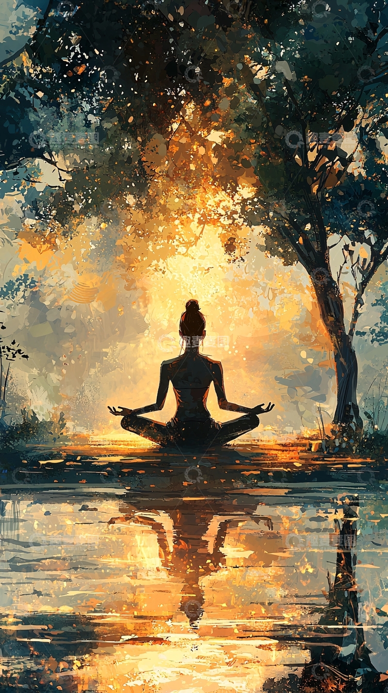 高清大图下载【趣麦麦图】日落树下冥想女子