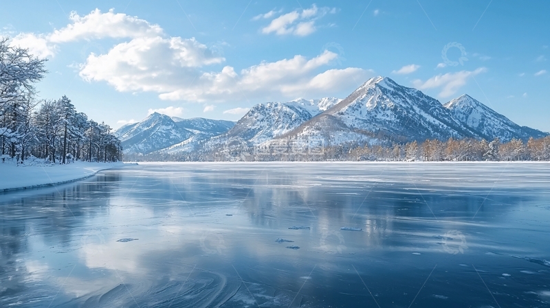 高清大图下载【趣麦麦图】冰封湖面雪山倒影