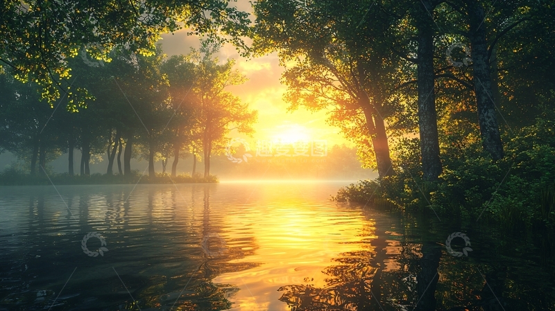 高清大图下载【趣麦麦图】清晨河边树林日出