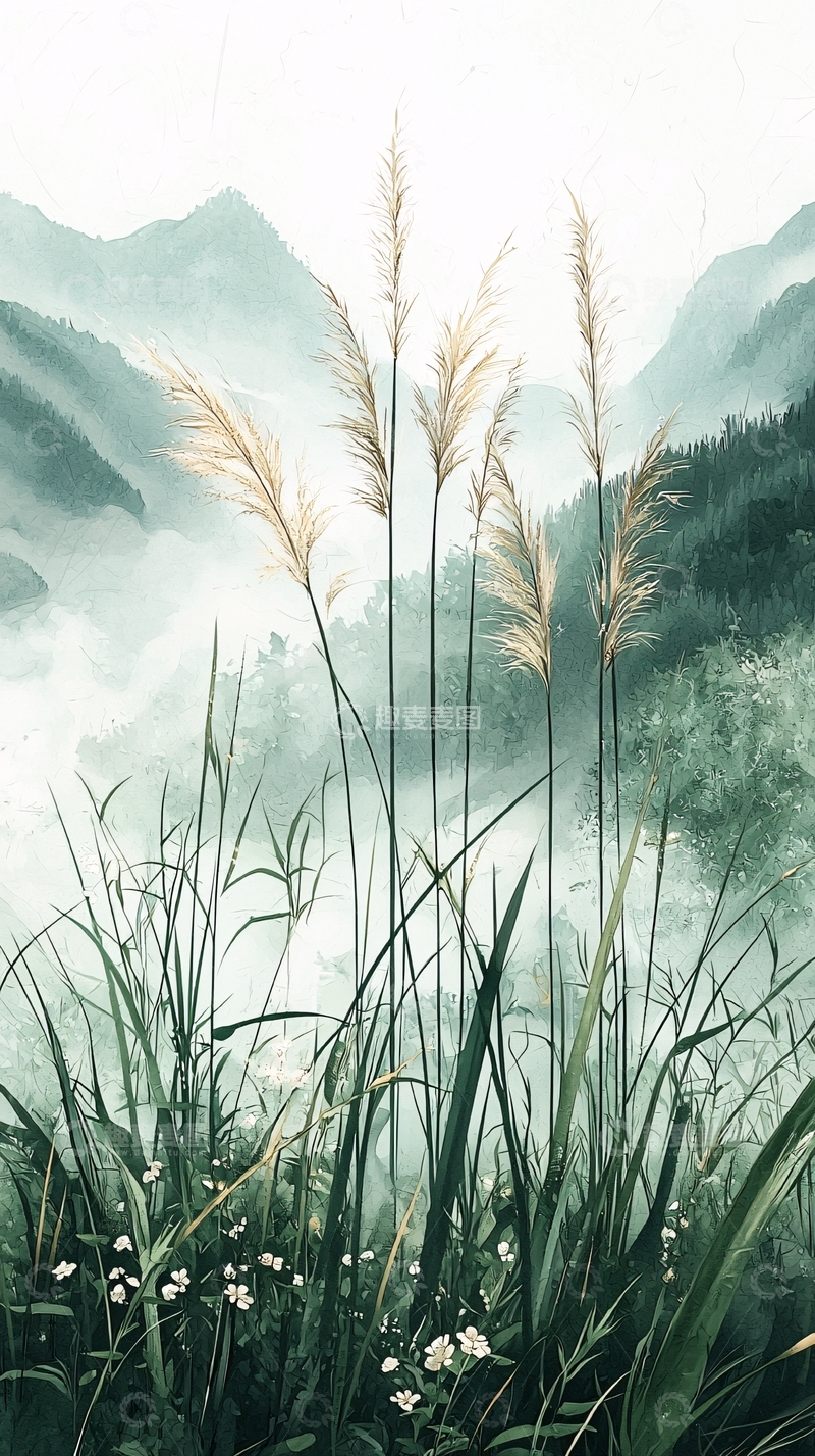 高清大图下载【趣麦麦图】雾气朦胧山峦野草