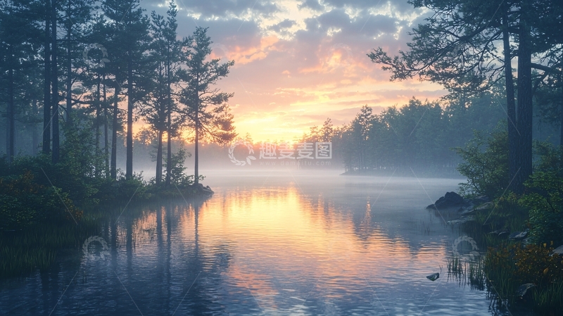 高清大图下载【趣麦麦图】清晨薄雾森林湖泊日出