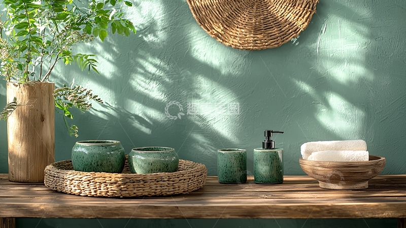 高清大图下载【趣麦麦图】绿植背景下的浴室用品