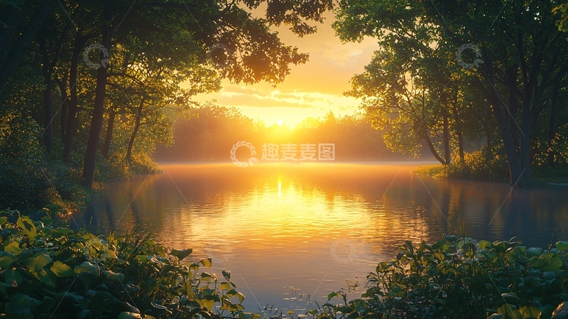 高清大图下载【趣麦麦图】清晨森林湖泊日出