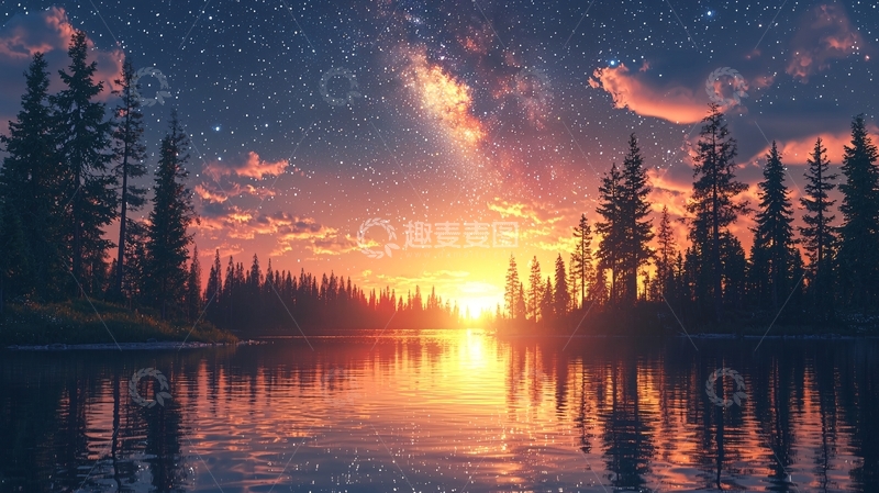 高清大图下载【趣麦麦图】星空下的日落湖景
