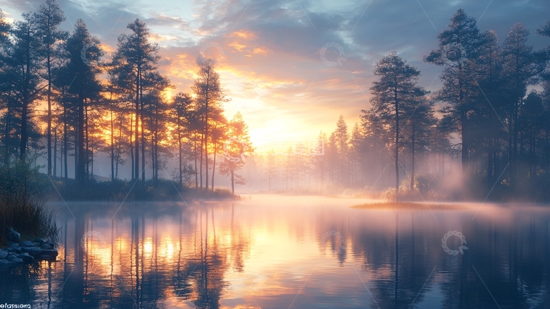 高清大图下载【趣麦麦图】清晨雾气森林湖泊日出