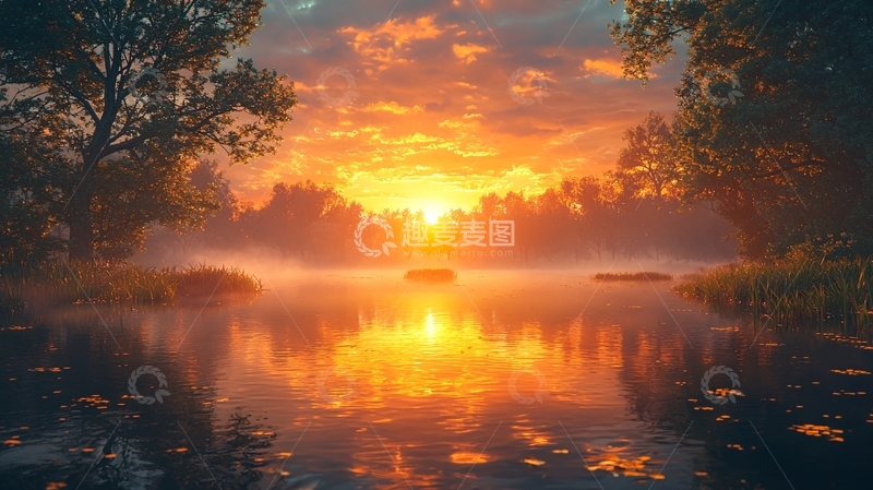高清大图下载【趣麦麦图】清晨雾气湖面日出