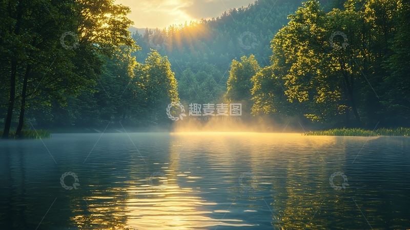 高清大图下载【趣麦麦图】清晨阳光下的森林河流