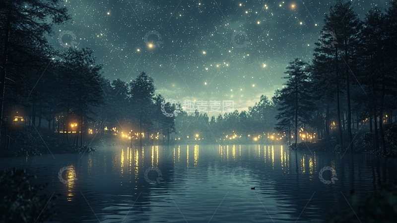 高清大图下载【趣麦麦图】梦幻萤火湖边森林