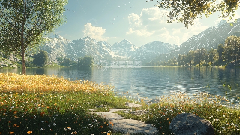 高清大图下载【趣麦麦图】阳光下的山脉湖泊