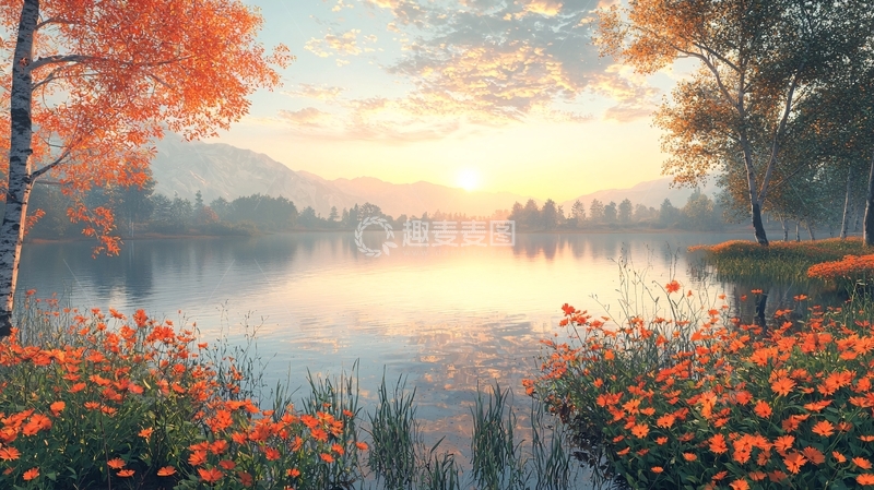 高清大图下载【趣麦麦图】秋日清晨湖边风景