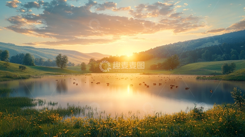 高清大图下载【趣麦麦图】清晨山峦湖泊日出