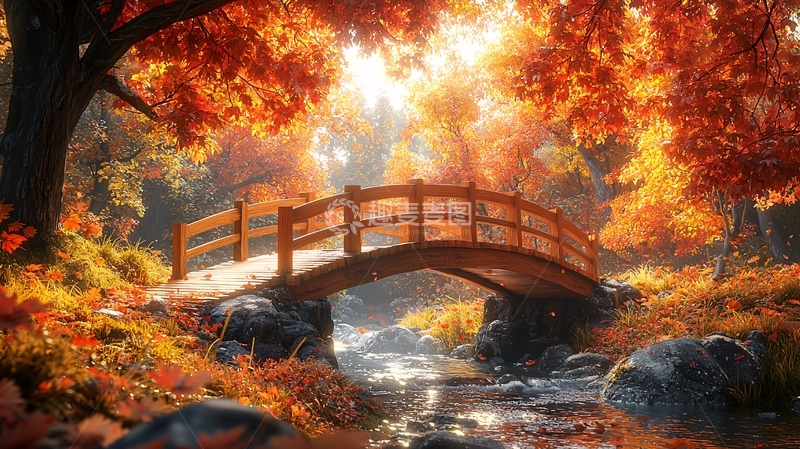 高清大图下载【趣麦麦图】秋日森林小桥流水