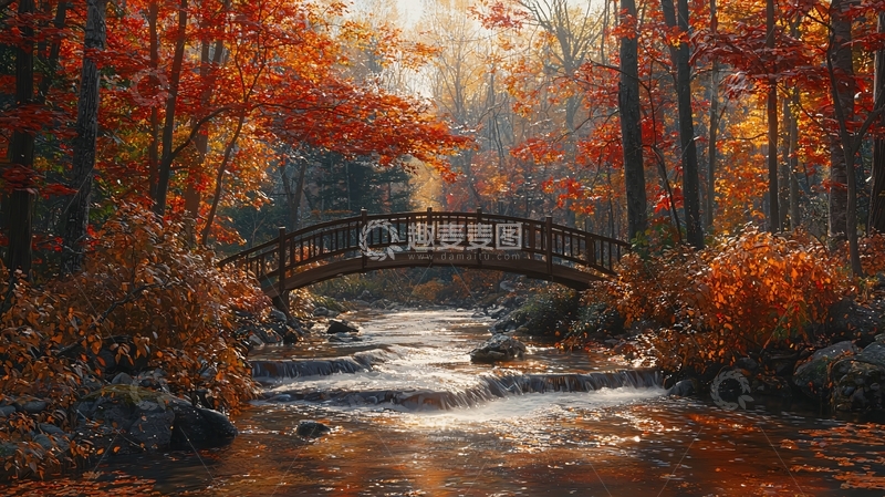 高清大图下载【趣麦麦图】秋日森林小桥流水