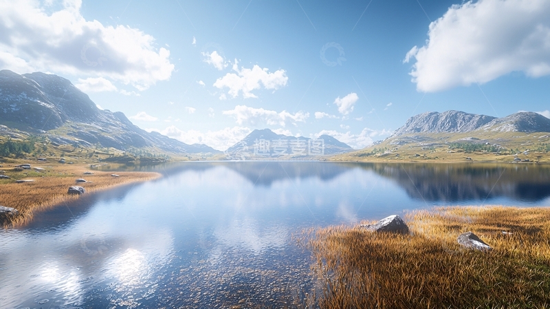 高清大图下载【趣麦麦图】阳光下的宁静湖泊