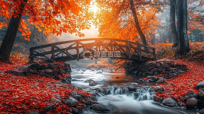 高清大图下载【趣麦麦图】秋日森林小桥流水