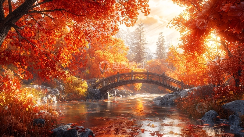 高清大图下载【趣麦麦图】秋日红叶小桥流水