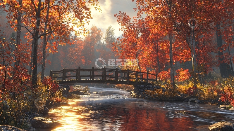 高清大图下载【趣麦麦图】秋日森林小桥流水