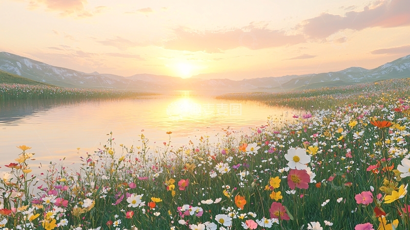高清大图下载【趣麦麦图】日出湖边野花盛开