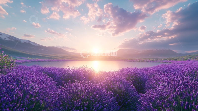 高清大图下载【趣麦麦图】日出薰衣草湖泊田园风光