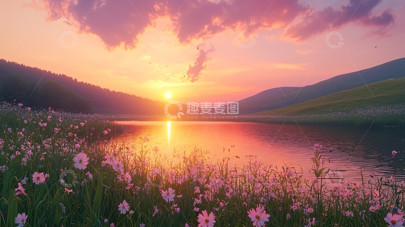 高清大图下载【趣麦麦图】日落湖边粉色花海