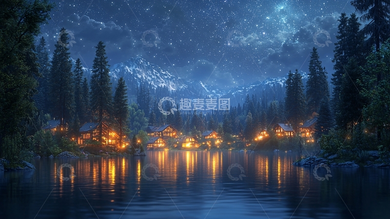 高清大图下载【趣麦麦图】月光下的湖边村庄