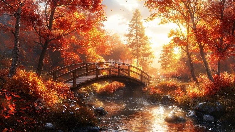 高清大图下载【趣麦麦图】秋日暖阳下的木桥溪流