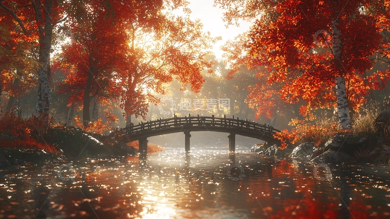 高清大图下载【趣麦麦图】秋日红叶桥上阳光