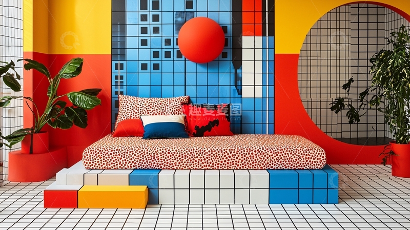 高清大图下载【趣麦麦图】-红黄蓝几何卧室