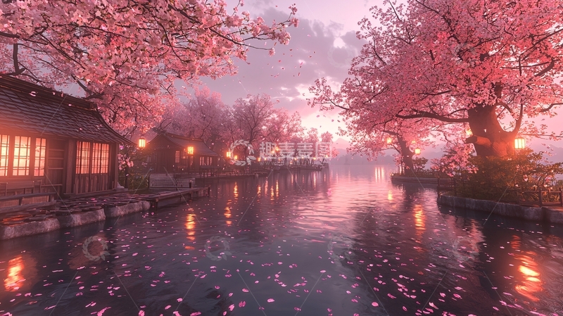 高清大图下载【趣麦麦图】唯美樱花河边日落