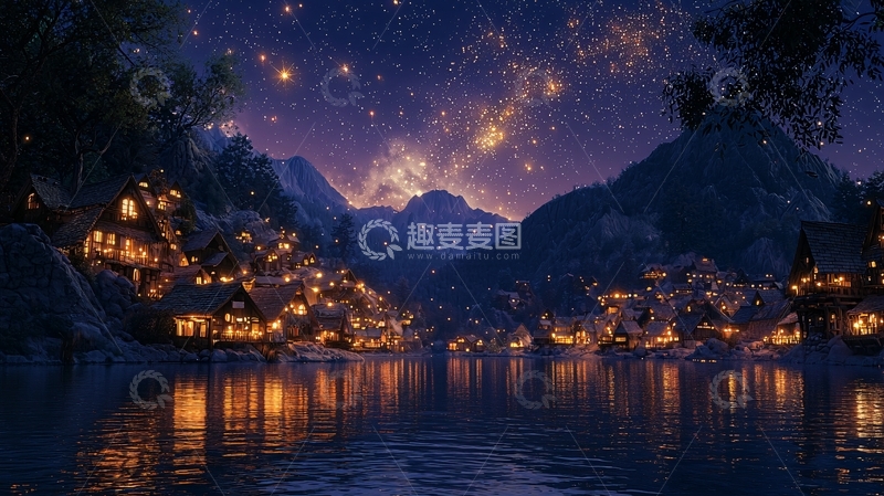 高清大图下载【趣麦麦图】梦幻星空下的雪山小镇