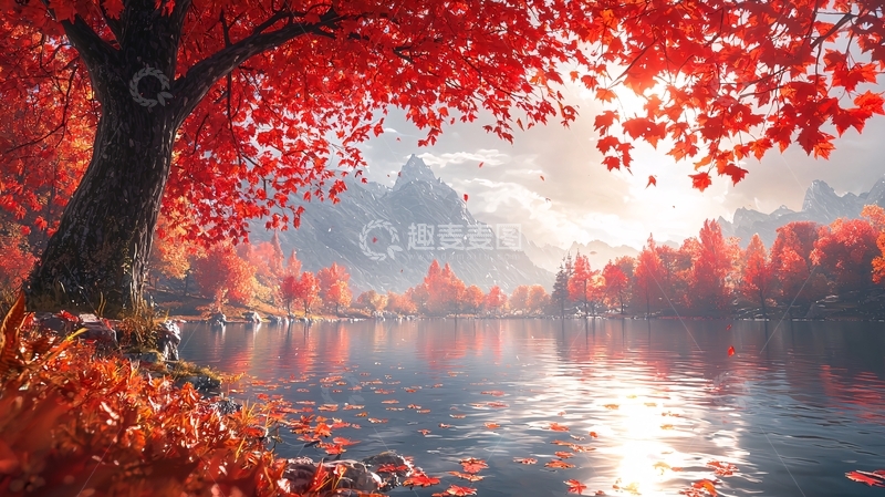 高清大图下载【趣麦麦图】红叶湖泊山脉秋景