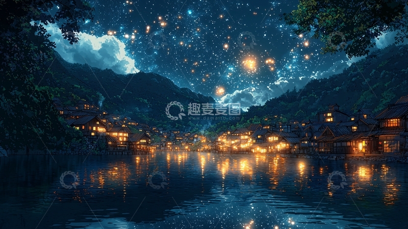 高清大图下载【趣麦麦图】梦幻星空小镇夜景