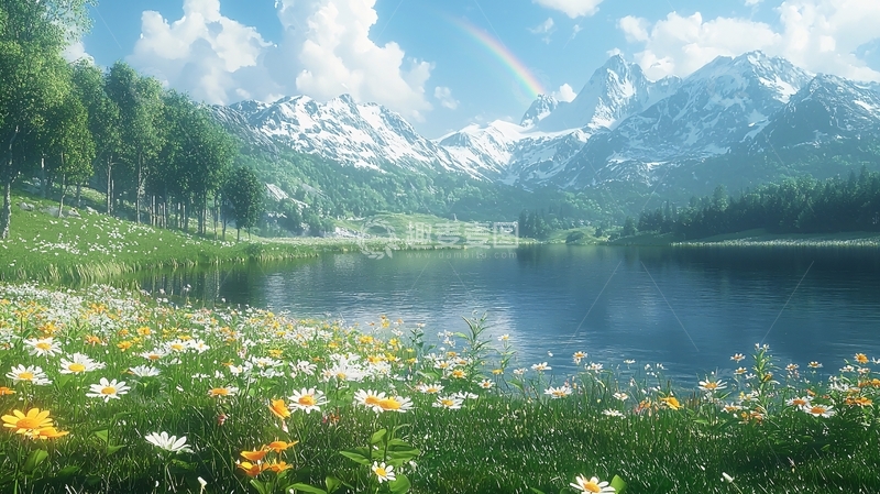 高清大图下载【趣麦麦图】湖边鲜花盛开的雪山风景