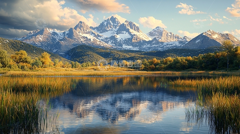 高清大图下载【趣麦麦图】雪山湖泊秋景
