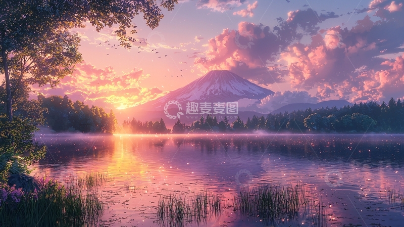 高清大图下载【趣麦麦图】梦幻日出山峰湖泊
