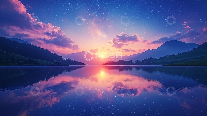 高清大图下载【趣麦麦图】山湖日落倒影