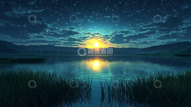 高清大图下载【趣麦麦图】星空湖泊日出