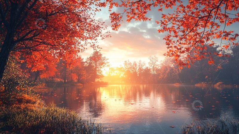 高清大图下载【趣麦麦图】秋日红叶倒映湖面