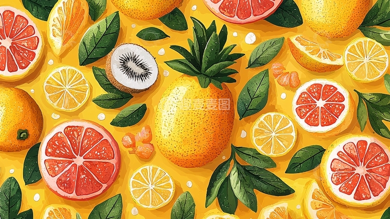 高清大图下载【趣麦麦图】黄色背景水果拼盘