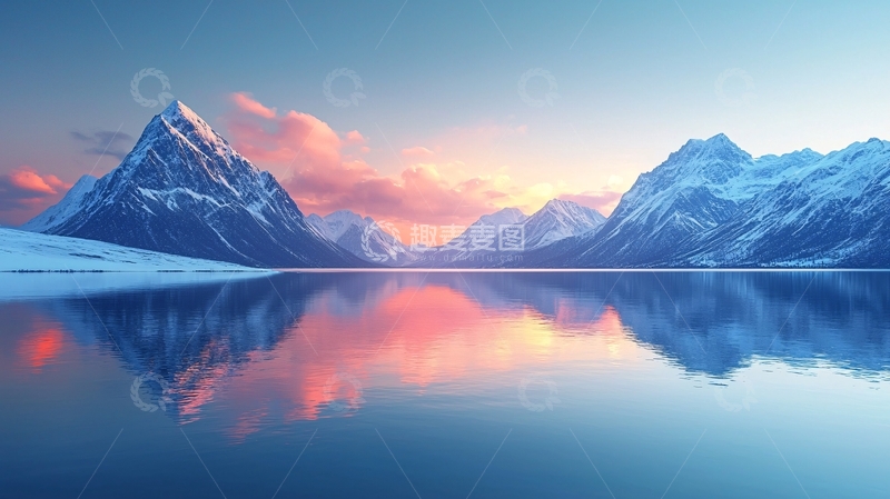高清大图下载【趣麦麦图】雪山湖泊日落倒影