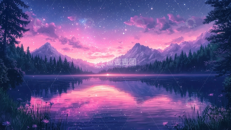 高清大图下载【趣麦麦图】梦幻粉紫色星空山湖风景