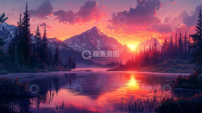 高清大图下载【趣麦麦图】梦幻般雪山日落湖景