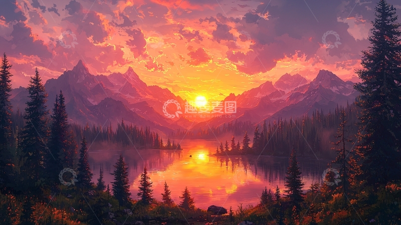 高清大图下载【趣麦麦图】日落山川湖泊倒影