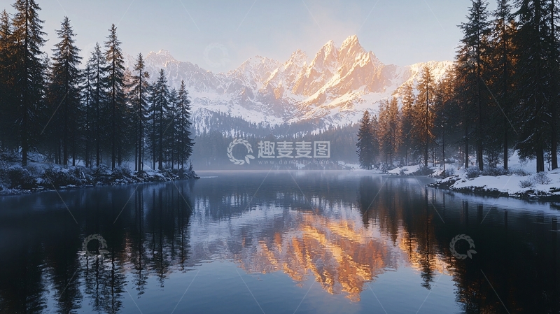 高清大图下载【趣麦麦图】雪山湖泊倒影