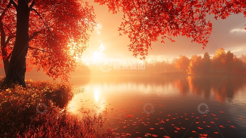 高清大图下载【趣麦麦图】秋日红叶湖边日出