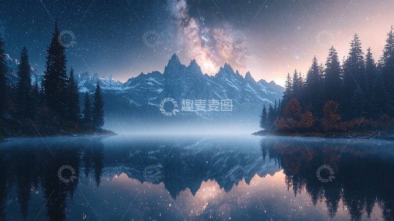 高清大图下载【趣麦麦图】极光下的雪山湖泊